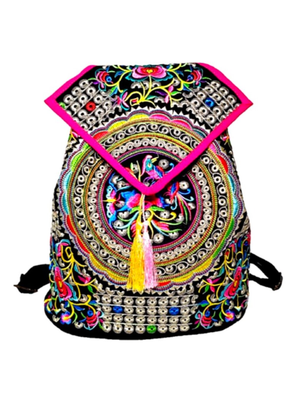 Embroidery Black Backpack Red Blue Boho Geometric Shapes FloralBird Shoulder Bag
